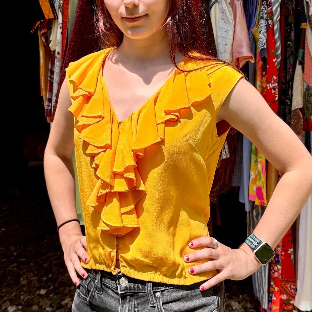 50s Junior Sophisticates marigold silk rayon cropped ruffle v neck blouse